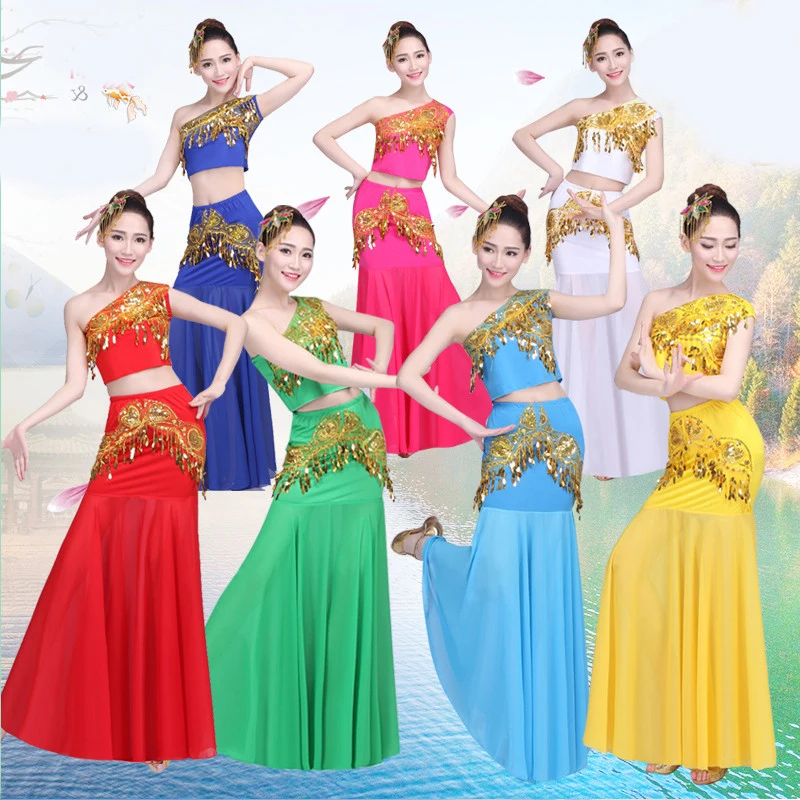 Dai trang phục trang phục múa 2018 mới gió quốc gia Vân Nam Peacock quần áo biểu diễn Múa sequined váy đuôi cá TB18120