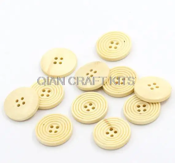 200pcs Round Ridged Design Wood Button Four Hole Cream Colour 25mm (1