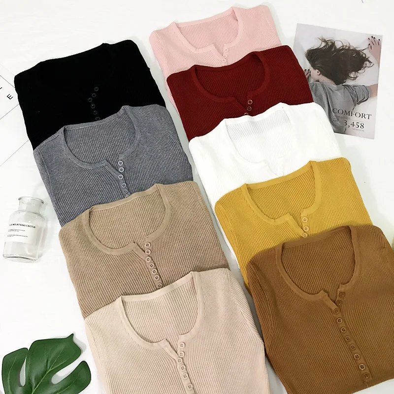 

New 2023 Spring Button V Neck Sweater Women Basic Slim Knitted Pullover Women Sweaters And Pullovers Knit Jumper Ladies Sweater