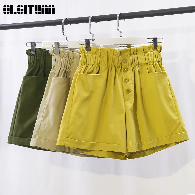 

2020 Retro Chic Cotton Shorts Elastic High Waist with Pocket Shorts Female Summer 5 Colors Loose Slim Wide Leg Shorts Female