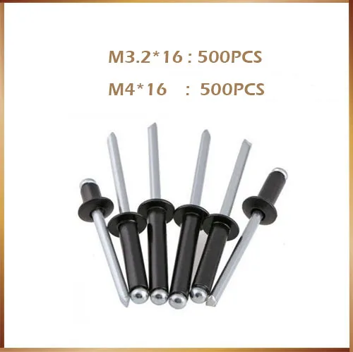 

Free shipping rivet 500pcs M3.2x16 + 500pcs M4x 16mm Black Aluminum Pop Blind Rivet Core Pulling Decoration Rivet