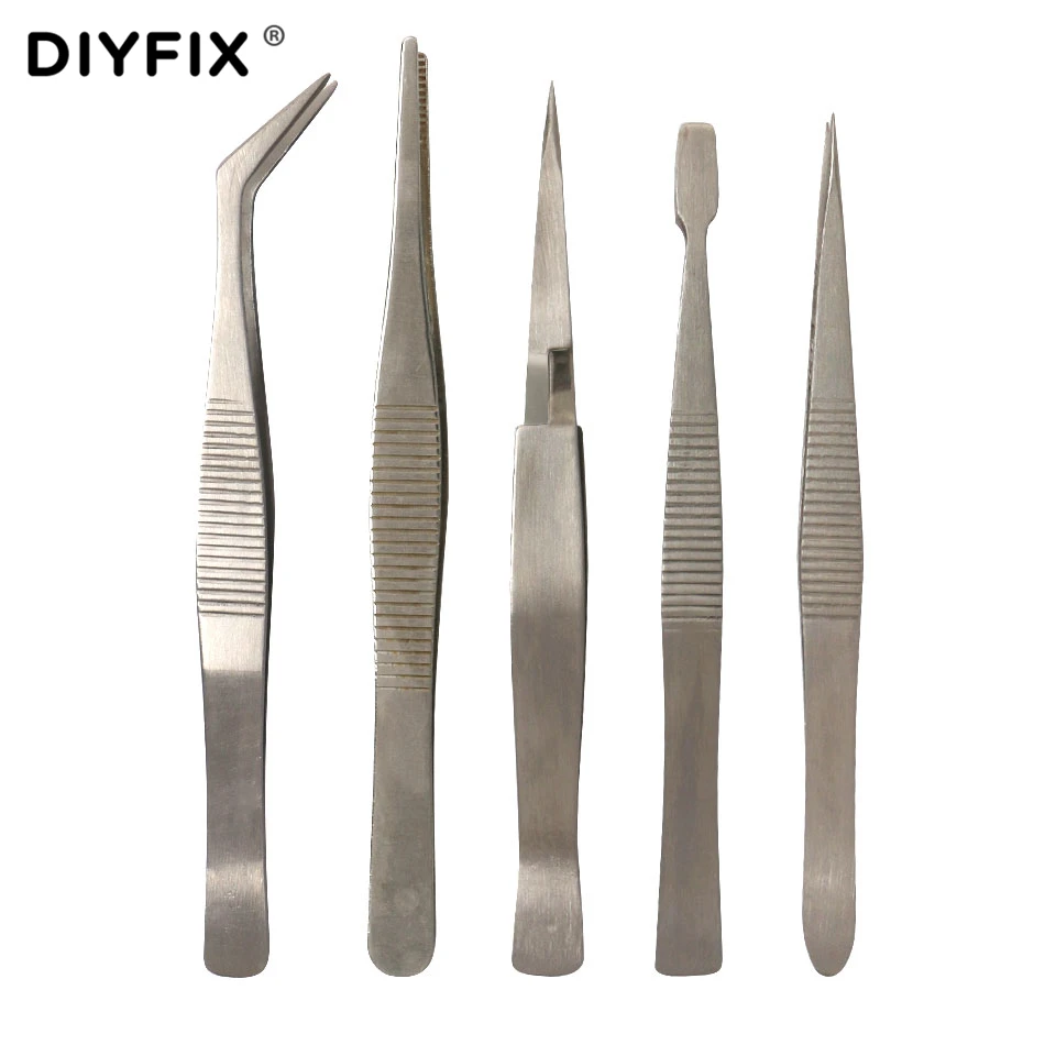 Набор прецизионных электронных пинцетов DIYFIX 5 в 1, противоскользящий антистатический монтажный инструмент для ремонта, паяльная помощь
