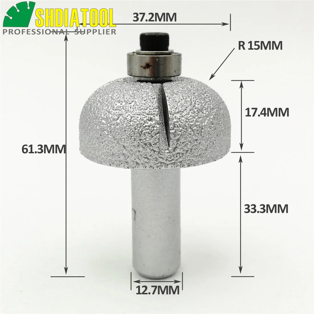 SHDIATOOL No.14 Radius 15mm Vacuum Brazed Diamond Router Bits With Bottom Stop Bearing, Router Cutter For Stone, Rome-3 Type