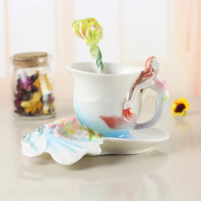 

New Arrival Mermaid Coffee Cup Colored Enamel Porcelain Bone China Tea Cups With Saucer And Spoon Creative Gift Caneca Copo