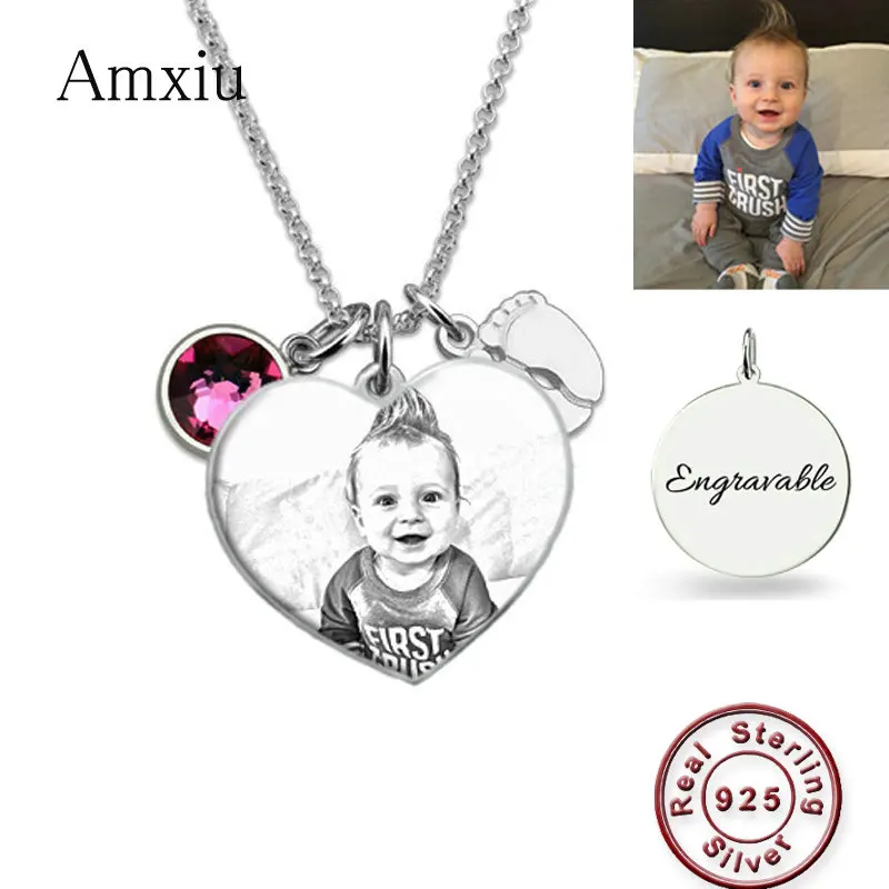 Amxiu Custom Baby Photo Necklace 925 Sterling Silver Necklace Engrave Name with Birthstone Heart Pendant Necklace For Mom Gift