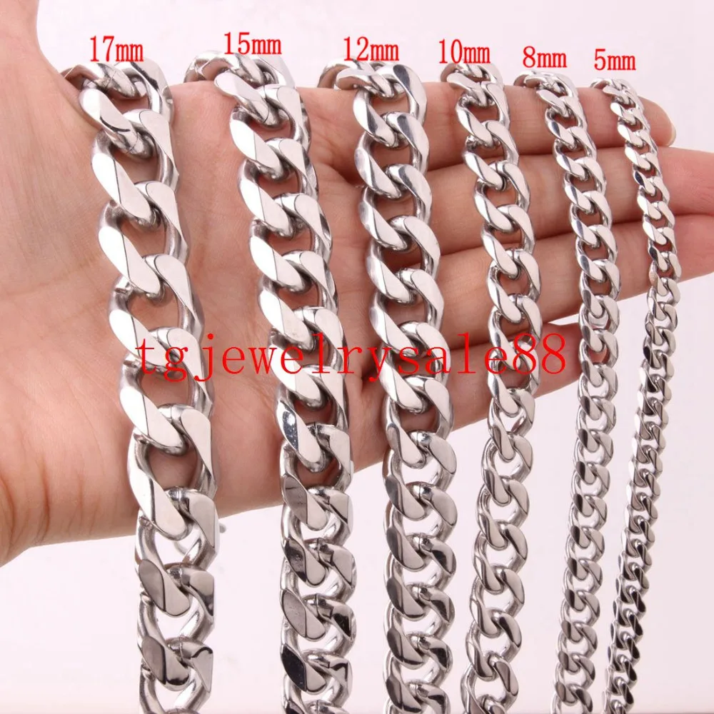 5/8/10/12/15/17/19mm Wide Biker Men Stainless Steel Polishing Silver Color Curb Cuban Link Chain Bracelet or Necklace 7-40inch