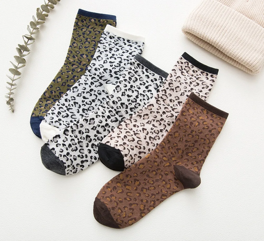 Cotton Women Leopard Socks Girls Spring Autumn Funny Crew Heap Sockken Breathable Striped Casual Korean