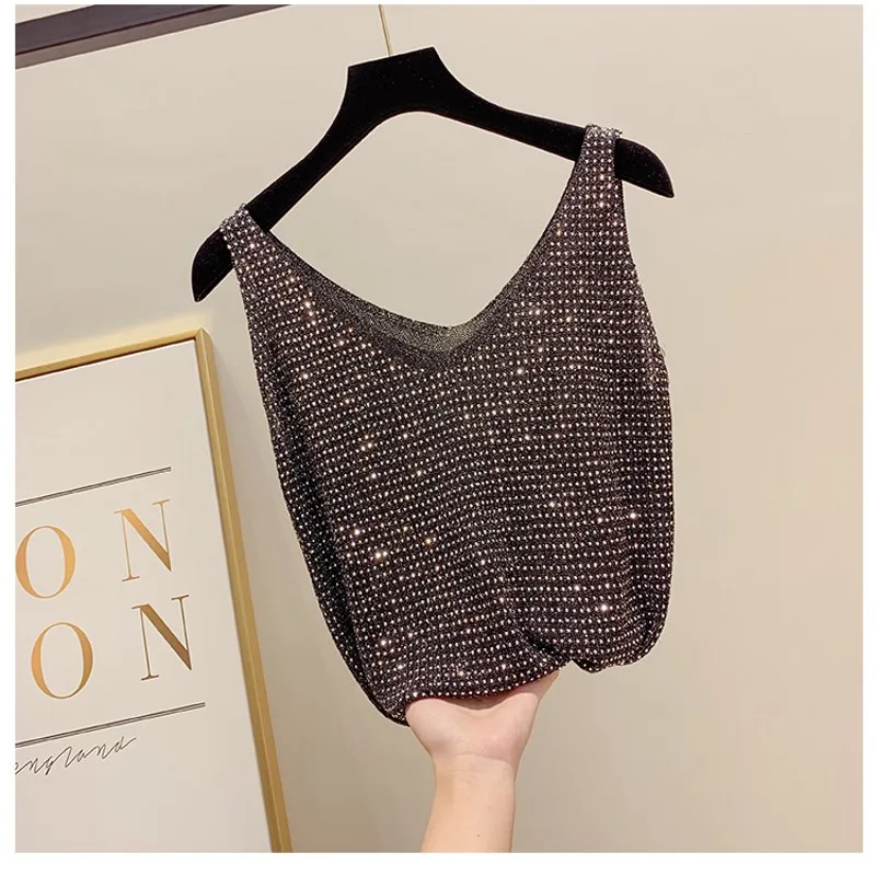 

2019 New Summer High Quality Knitted Top for Women Bright Silk Sleeveless Basic Top V Neck Hot Drilling Female Sling Knitti tops