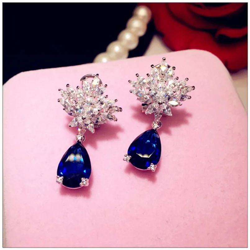 Solid 925 Drop Earrings For Women Fine Jewelry Vintage Blue Cubic Zirconia Long Earrings Bijoux Top Quality Accessories