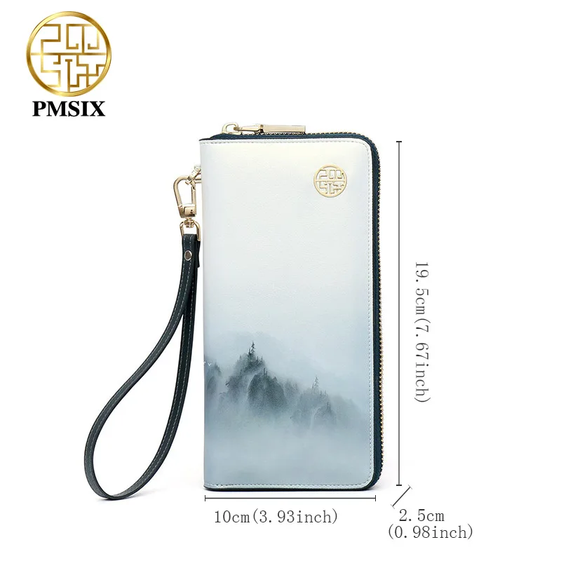 Pmsix 2021 New Fashion Landscape Printed Leather Women Wallet Elegant Long White Ladies\' clutch Bag Coin Card Holder Purse