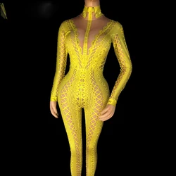 Yellow Black  White Printed Rhinestones Jumpsuit Stretch One Piece Nightclub Singer Dancer Women's Party Wear Sexy Bodysuit