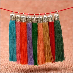 10Pcs 60mm Antique Silver Caps Cotton Tassels Charms Imitation Silk Satin tassels Pendant for Earrings DIY Jewelry Making