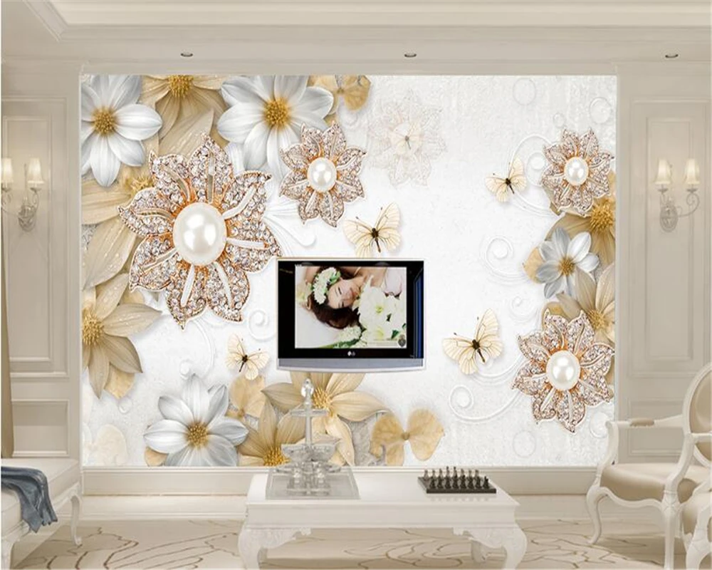 

Beibehang Custom Wallpaper European Retro 3D Pearl Butterfly Jewelery Living Room Bedroom TV Sofa Background 3d wallpaper mural