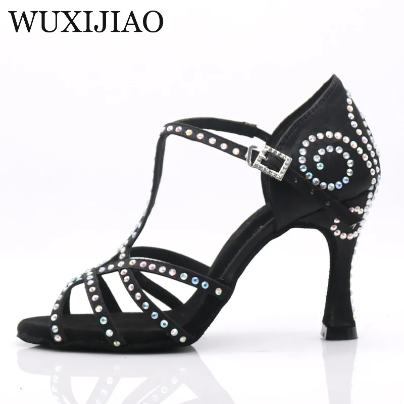 WUXIJIAO New black satin Latin dance shoes For Woman Ballroom Dancing Shoes Salsa Performance Dance Shoes heel 5cm-10cm