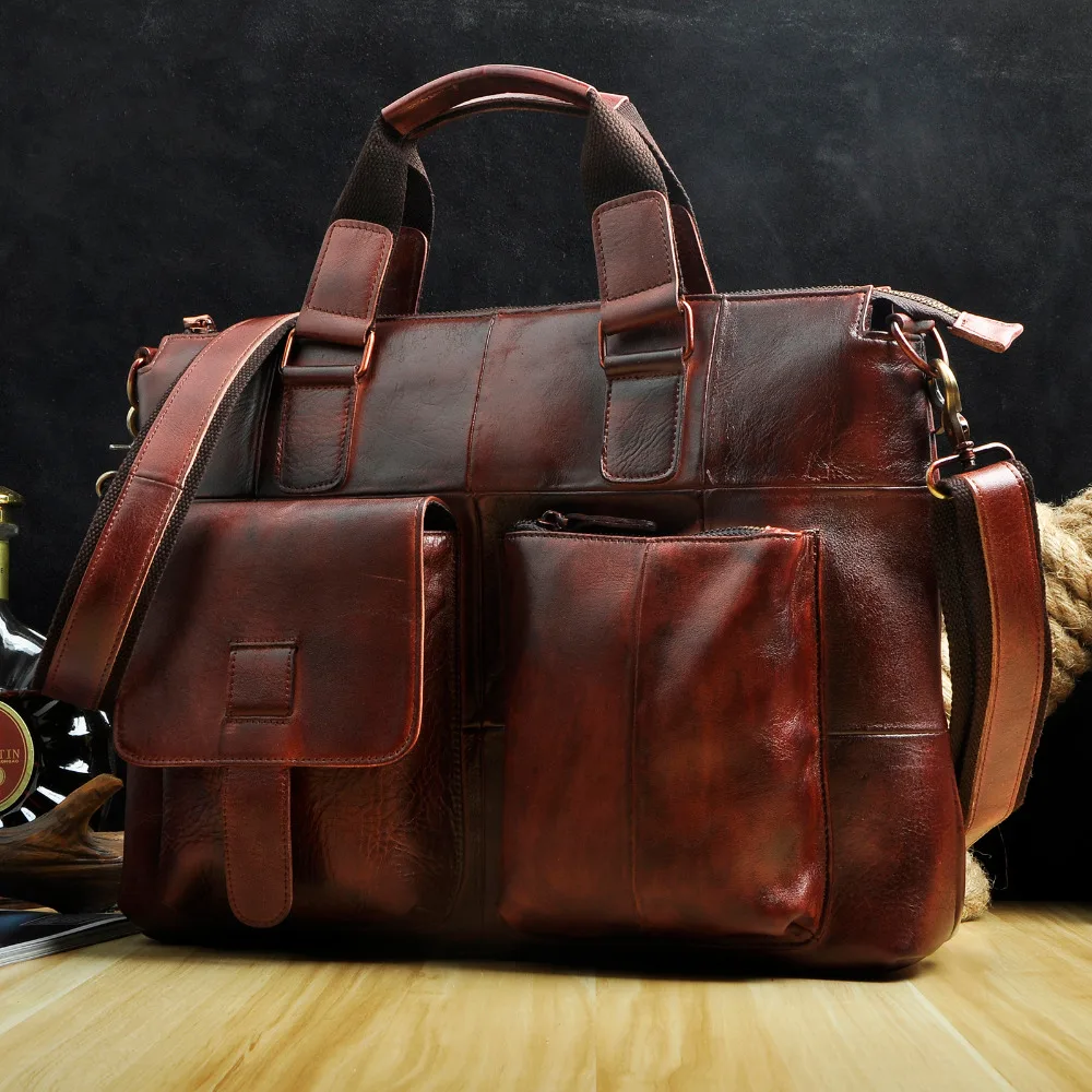 Men Original Leather Retro Designer Business Briefcase Casual 15\