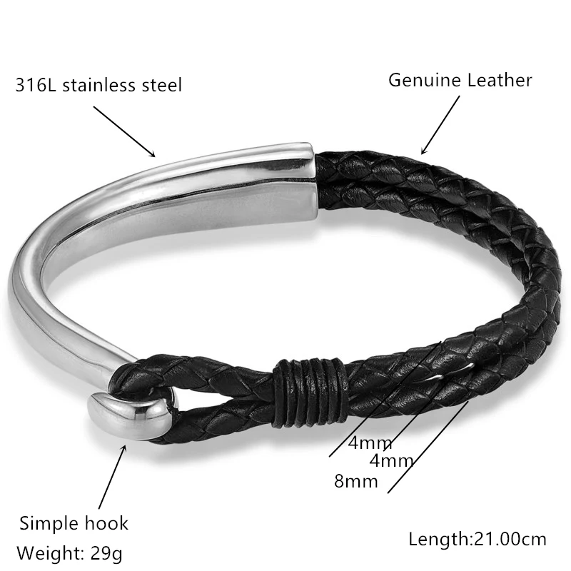 Fashion 21cm Stainless Steel Woven Black Braid Cuff Genuine Leather Bracelets & Anchor Bracelet Men Jewelry Summer Gift Pulseira