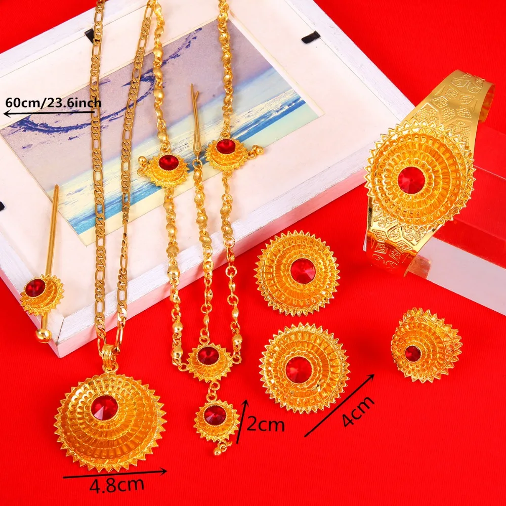 Ethiopian Gold Hair Piece Pendant Chain Earings Ring Hair Pin Bracelet Eritrea Africa Habesha Wedding Jewelry Set