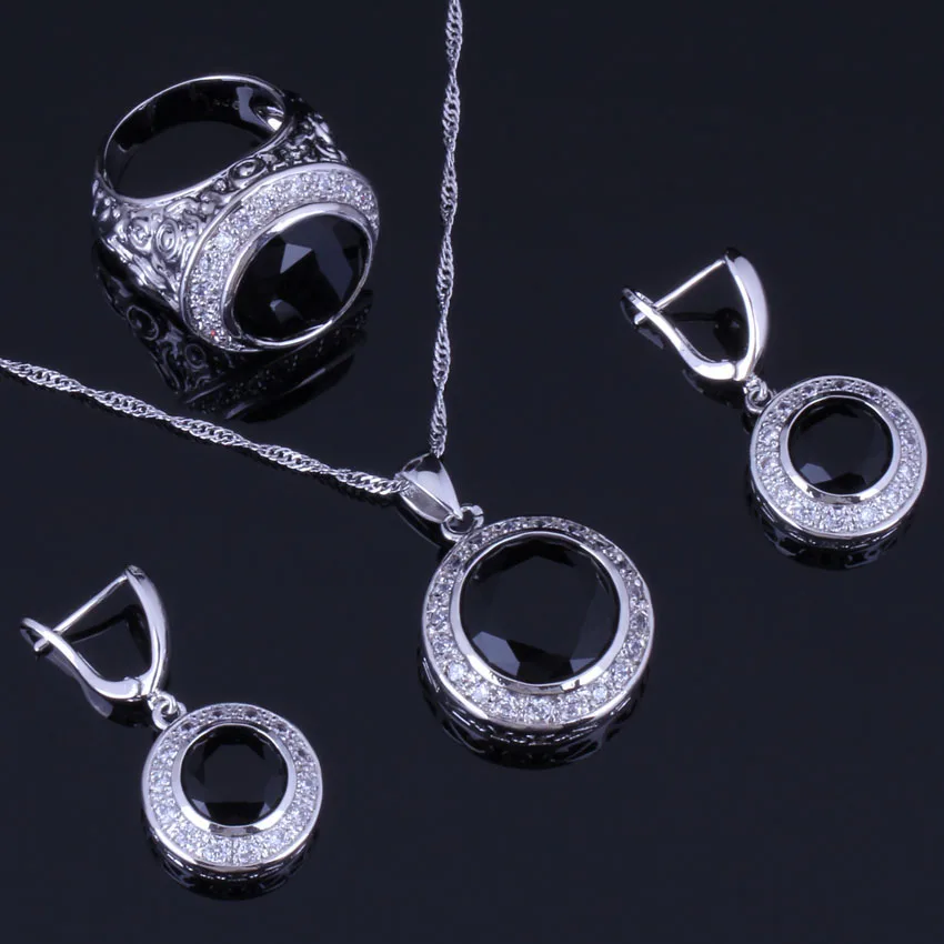 

Astonishing Round Black Cubic Zirconia White CZ Silver Plated Jewelry Sets Earrings Pendant Nacklace Chain Ring V0990
