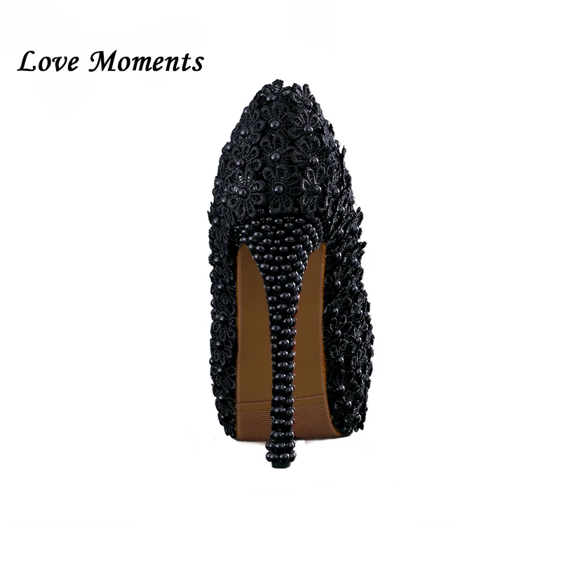 Black flowers Pearl bridal shoes 11cm/14cm High heels round toe fashion women's wedding shoes Ladies Summer Party Pumps female image 2