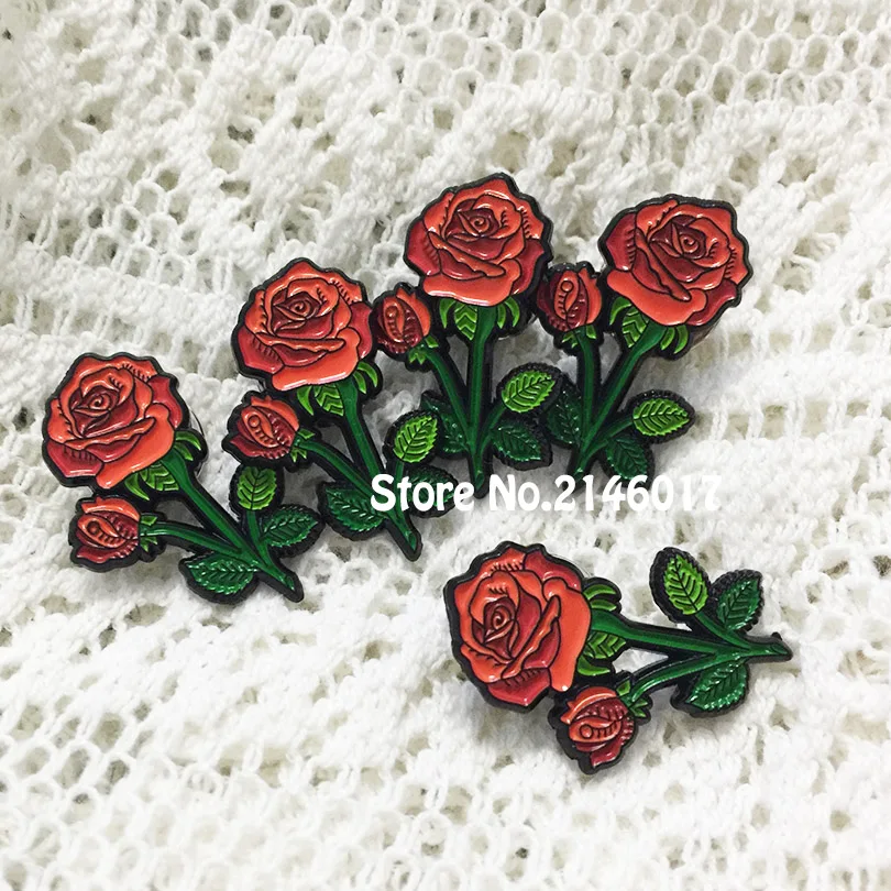 

50pcs Custom Pins Red Rose Brooch Jewelry for Women Ladies 27mm High Soft Enamel Lapel Pin Flower Badge Birthday Gift