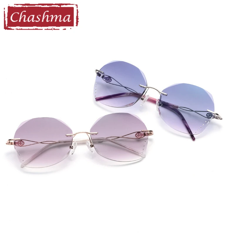 Eyeglass Frames with Rhinestone Women Vintage Round Sunglasses Gradient Colored Fashion Rimless Eyewear Female Anti Reflective