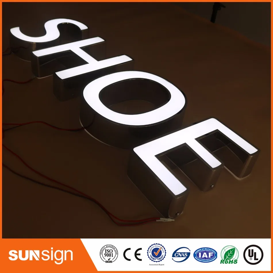 Factory Outlet Outdoor Waterdichte Hoge Helderheid Acryl Voorkant Rvs Zijden Led Licht Up Letters Winkel