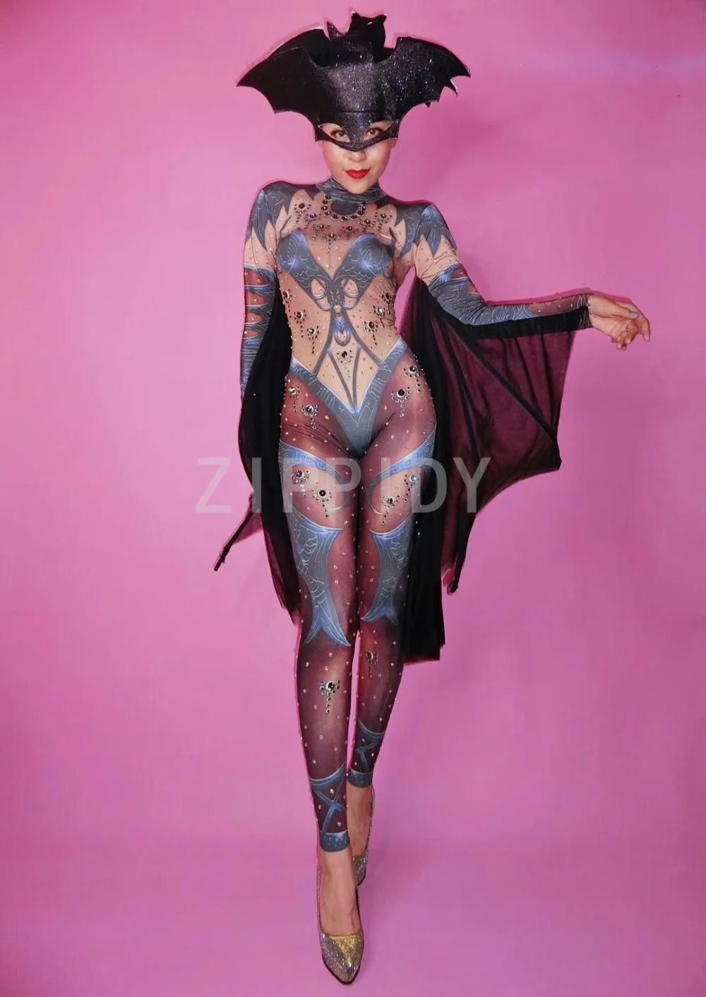 Belle combinaison extensible imprimée de strass chauve-souris, body de soirée, de bal, de chanteur et de danseuse, pour boîte de nuit, Cosplay, 2018