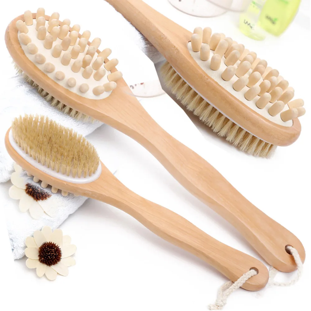 Spazzola per doccia spa in legno con manico lungo 2 in 1 da 35 cm Spazzole per massaggio corpo da bagno Scrubber con setole naturali laterali