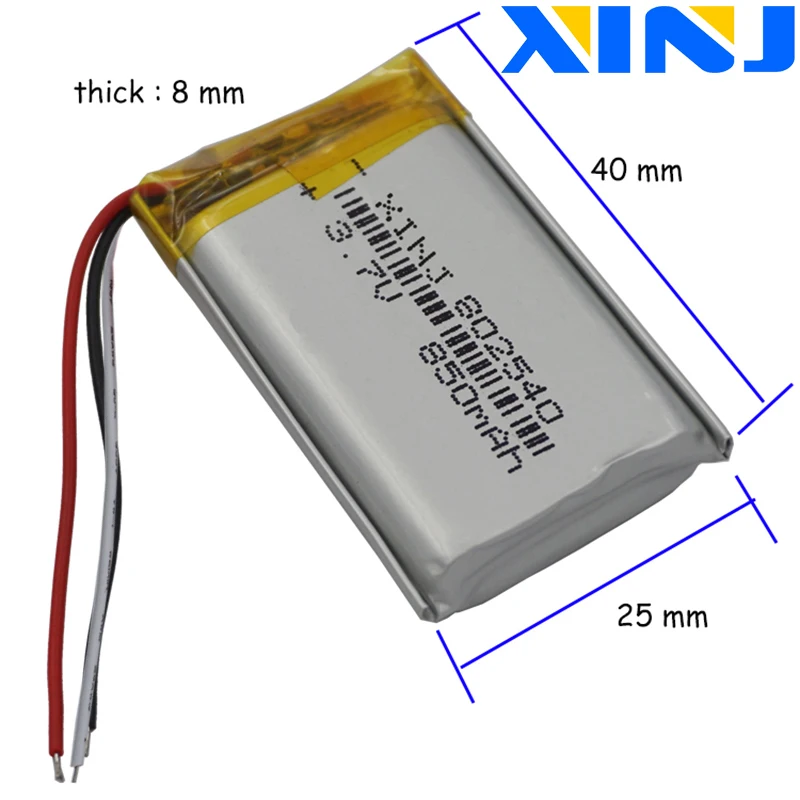 XINJ 3.7V 850mAh 802540 3 przewody termistor polimerowy LiPo Li bateria litowa na telefon z Bluetooth cyfrowy aparat rejestrator jazdy