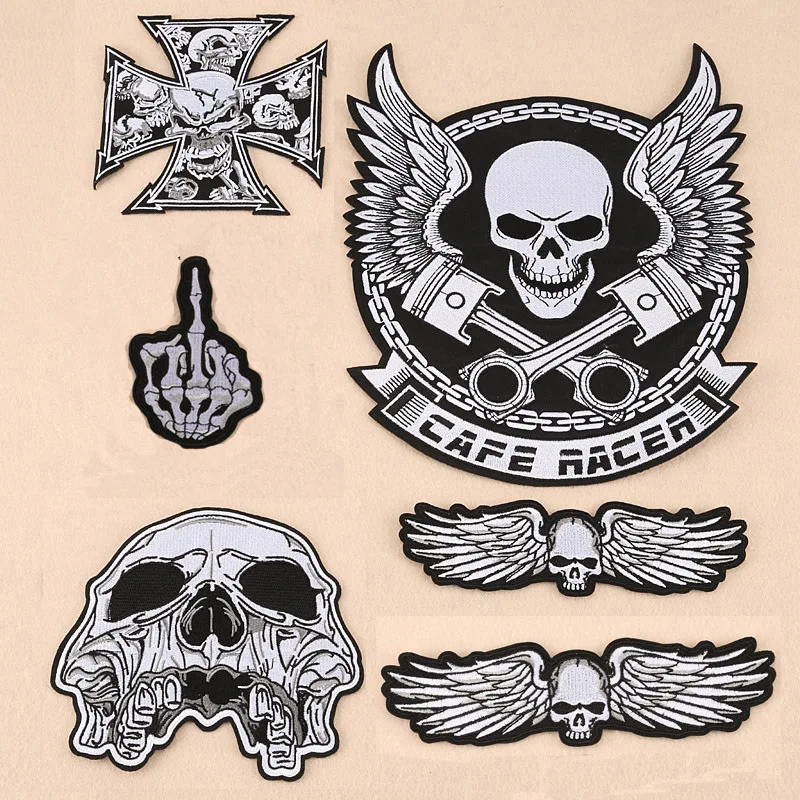 

Large biker patches for vest cross patches Iron On Embroidered skeleton ghost finger badge for Clothing DIY modify accessories