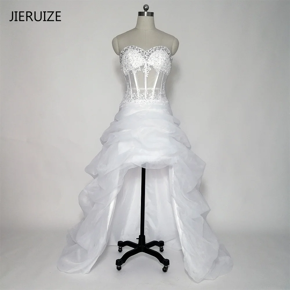 JIERUIZE White Organza Lace Appliques High Low Wedding Dresses Beading Crystal Front Short Long Back Beach Wedding Gowns