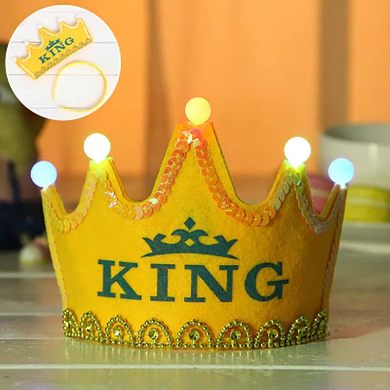 1pc led party Cap King Hats Yellow Blue Princess Pink Red Crown Headband Birthday Party Decorations Infant Child Supplies Cap