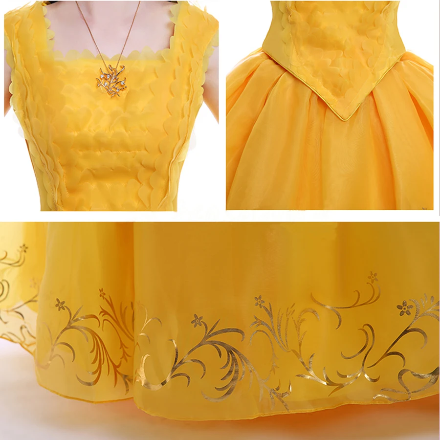 Moive Beauty And Beast Belle Cosplay Costume Adult Bella Princess Yellow Dress Women Girls Halloween Party Dresses Top Quality