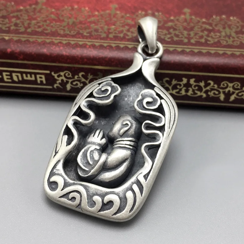 

national wind restoring ancient ways is lucky boy figure lotus Buddha word honk black box of sterling silver pendant