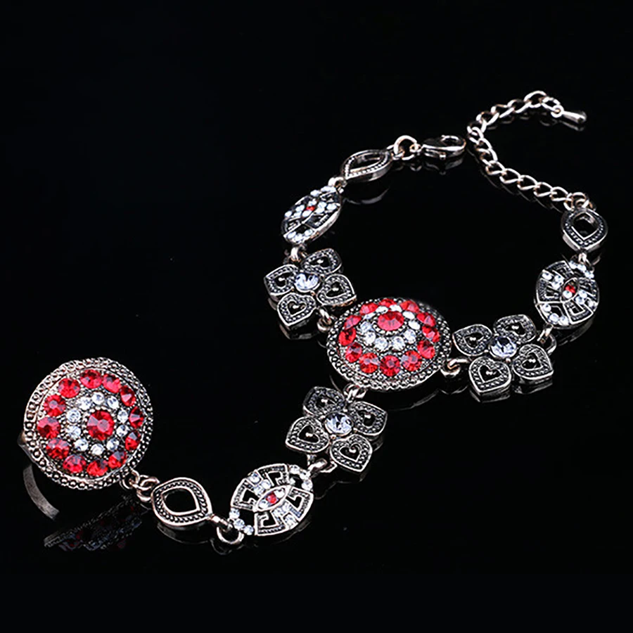 Boho Red Crystal Flower Finger Ring Bracelet Vintage Antique Gold Hand Harness Bracelets For Women Indian Wedding Jewery