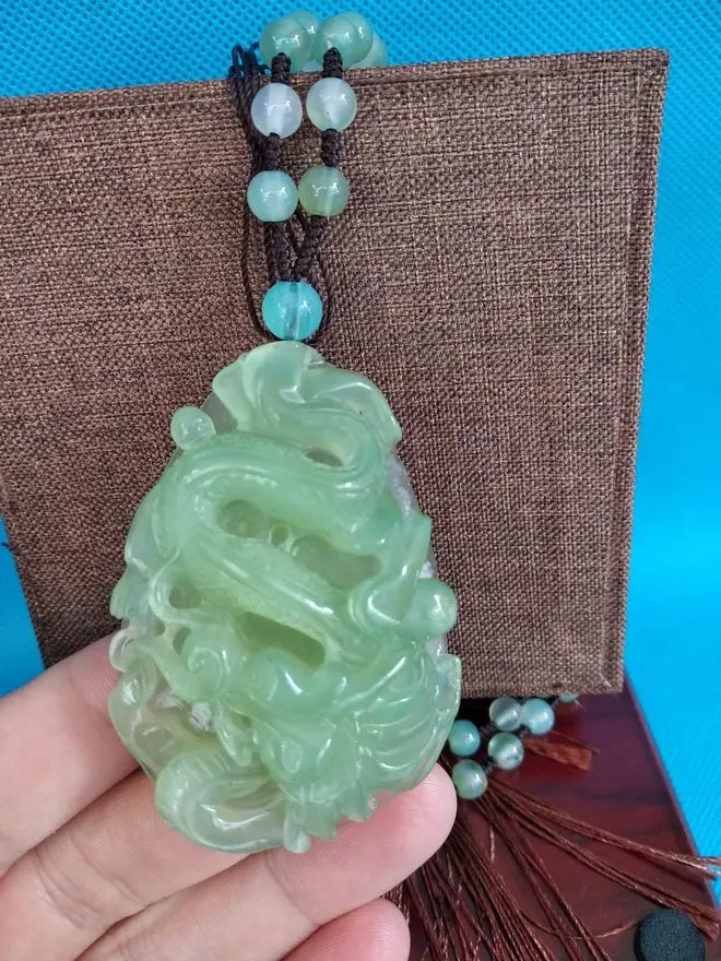 

100% Nature Green jade Pendant jadite Amulet Mala Bead chalcedony Necklace Carven Dragon