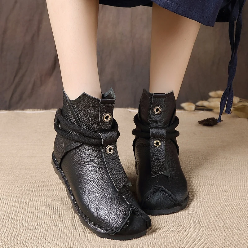 Winter Genuine Leather Women Boots Lady Handmade Soft Ankle Boot Women comfortable casual shoes Woman national style short boots