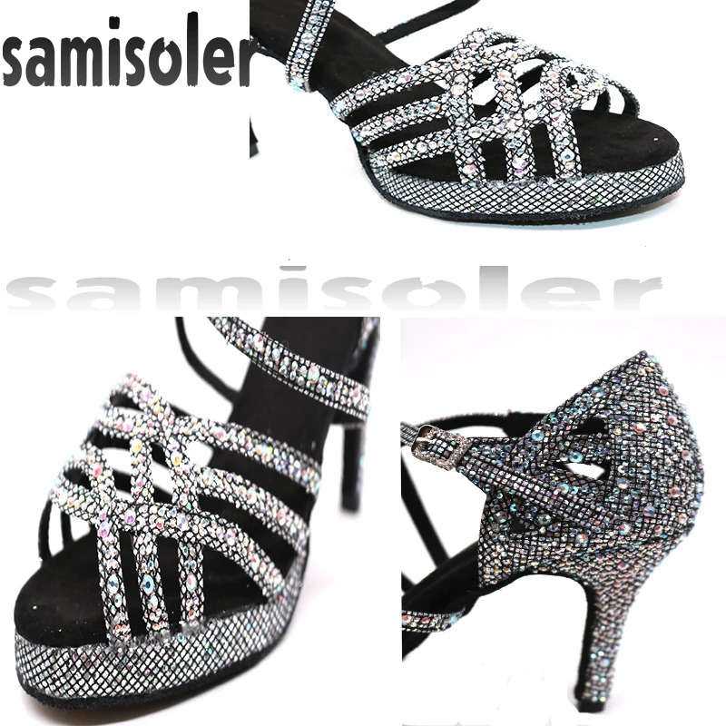 Latin Dance Shoes with Platform Jazz Shoes Dance Ballroom Shoes Girls Rhinestone High Heels Glitter Salsa Dancing Shoes