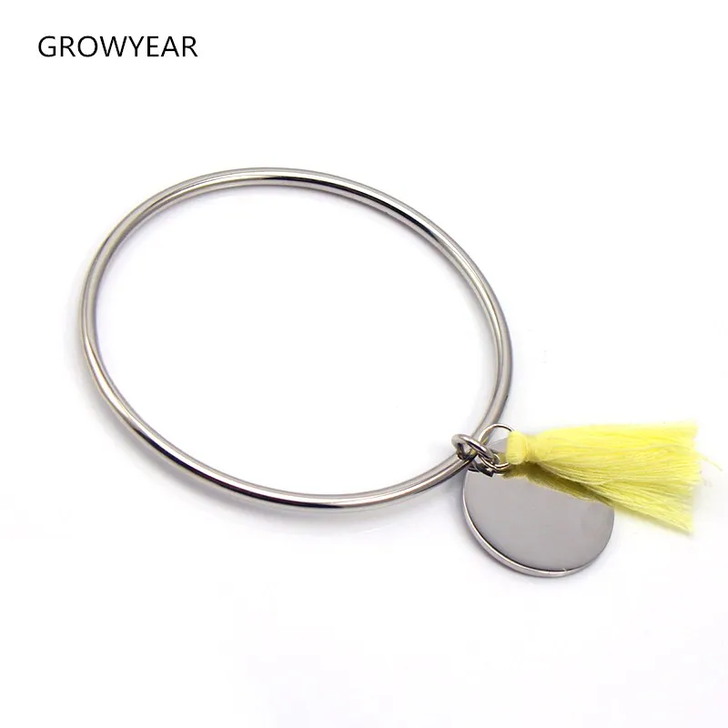 Round Pendant Cord Tassel Bangle Bracelet Stainless Steel Fashion Jewelry For Women Girls\' Gift