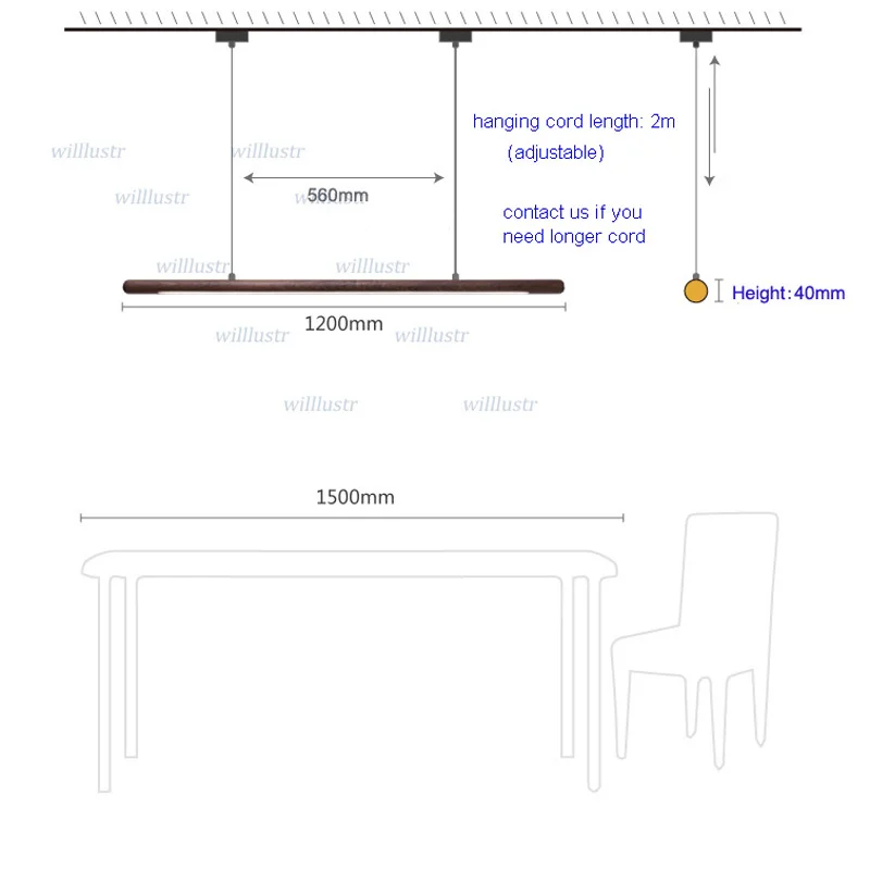 Walnut LED Pendant Light Ash Cylindrical Suspension Lamp Long Bar Tube Round Office Meeting Dinning Room Hotel Villa Counter