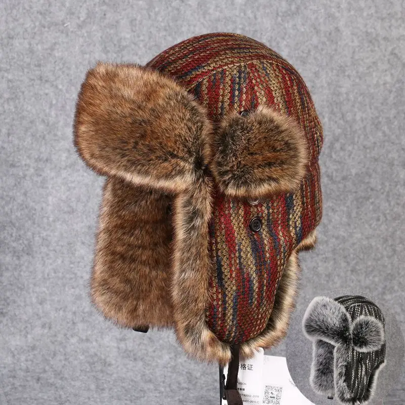 B-8433 Man Bomber Hat Rex Rabbit Fur Trapper Hats Winter Snow Caps Russian Ushanka Hat Earflap Ski Cap