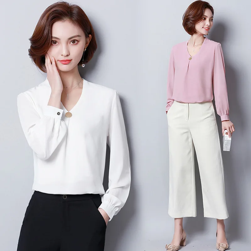 Spring Autumn Chiffon Shirt Large Size Lady Long Sleeve V-collar Pure Color Blouses Women Loose Fashion Bottom Shirts Top H9040