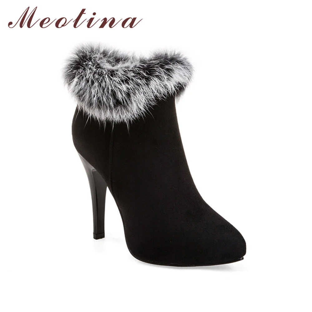 Meotina Shoes Women High Heels Ankle Boots Winter Boots Fur Platform High Heels Ladies Boots Zip White Purple Big Size 11 44 45