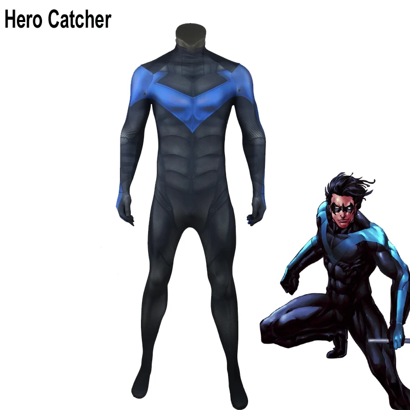 

Hero Catcher High Quality Arkham City Night Wing Cosplay Costume With Muscle Shade For Man Nightwing Costume For Halloween