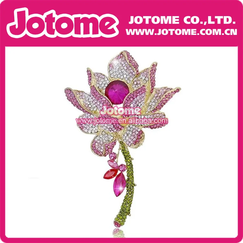 4 inch Gold-Tone Elegant Lotus Flower Pink Crystal Brooch Pin