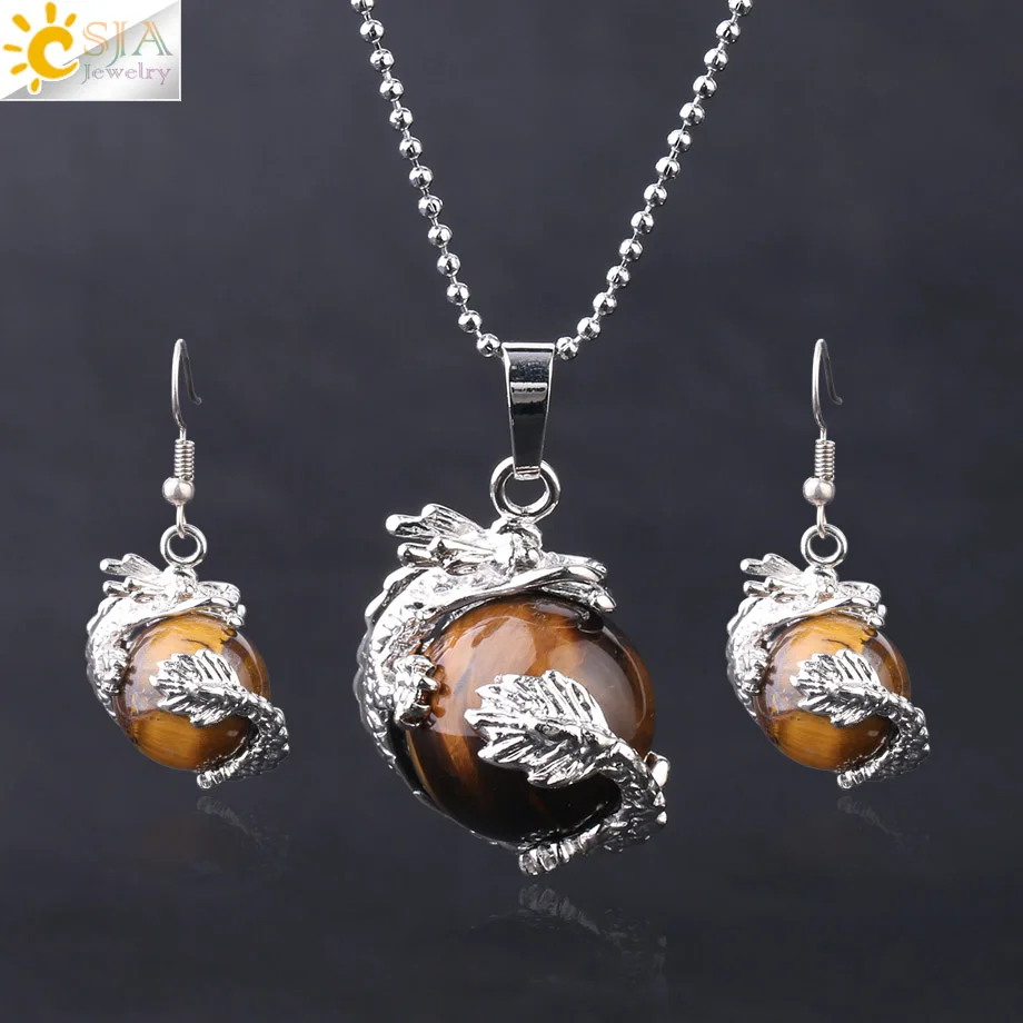 CSJA Earring Necklace Jewelry Set for Women Totem Dragon Wrap Natural Stone Bead Tiger Eye Ball Charm Female Gems Jewellery F648