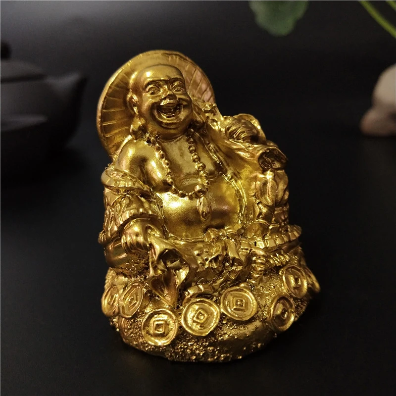 Golden Chinese Laughing Buddha Statue Ornaments Feng Shui Money Maitreya Buddha Sculpture Figurines For Home Garden Decoration