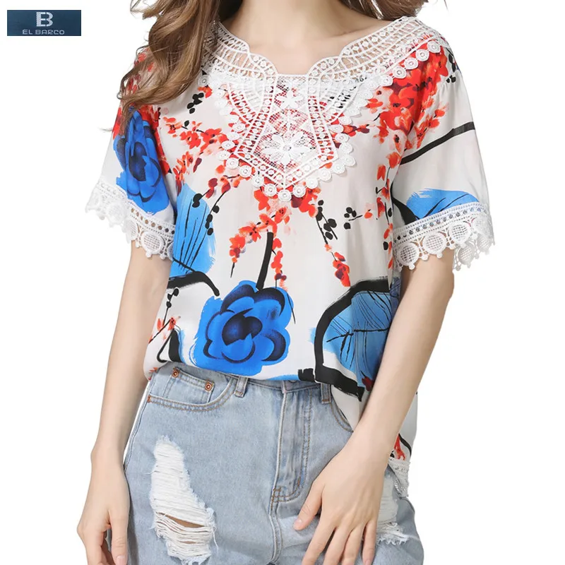 [EL BARCO] 2017 Zomer Korte Mouwen Bloem-Print Vrouwen Chiffon Blouse Shirts Katoen Linnen Kant Vintage vrouwelijke Casual Tops Camisa