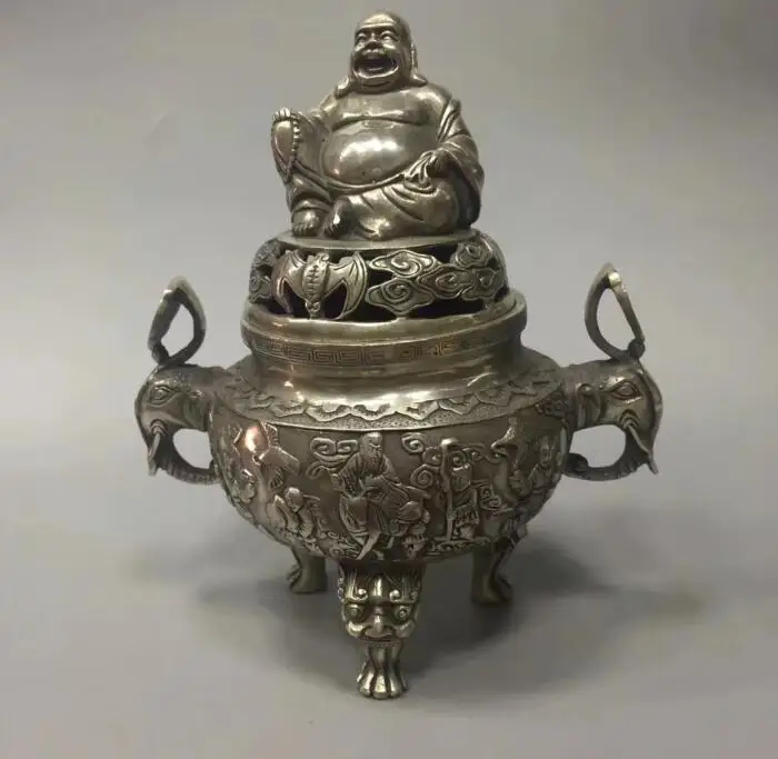 

China collection archaize white copper Buddhism Maitreya Buddha Incense burner