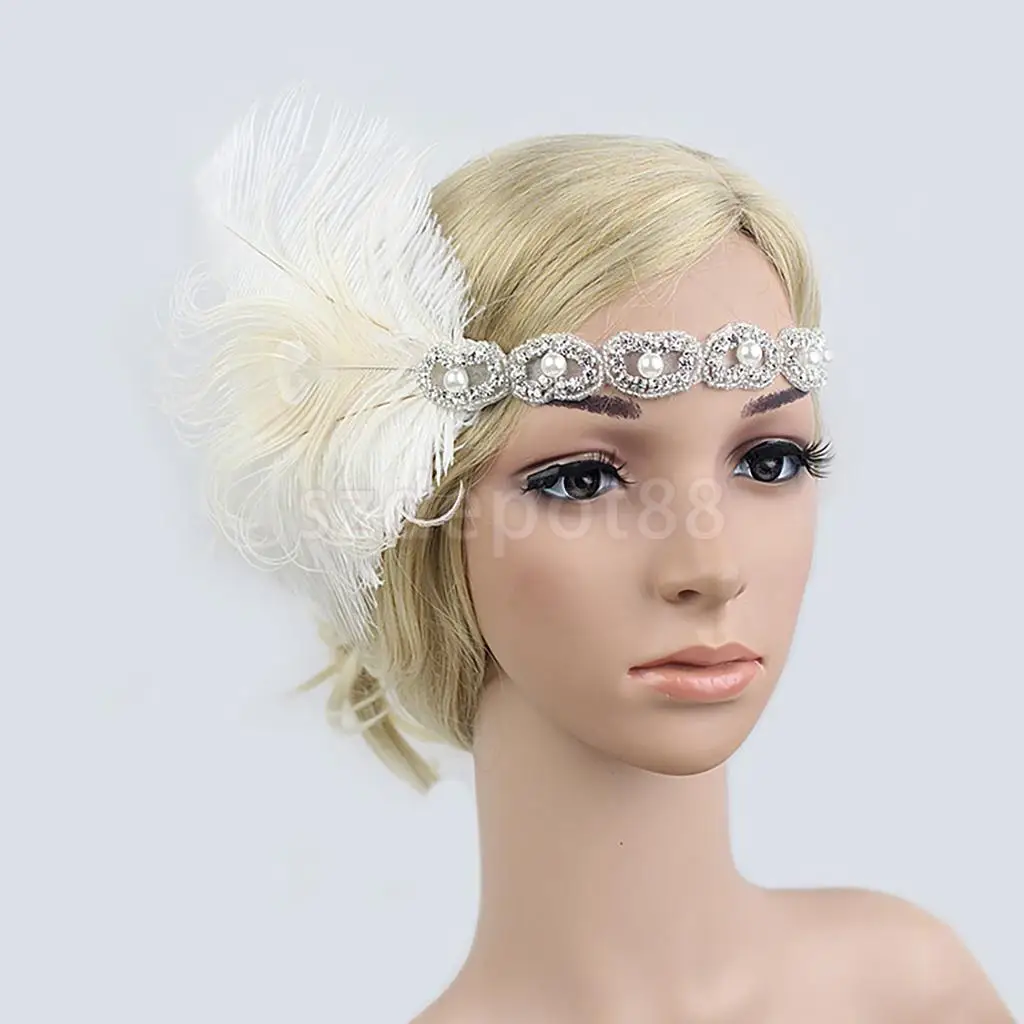 Vintage Woman Elastic Feather Headband 1920s Gatsby Party Charleston Party Rhinestone Forehead Decorations